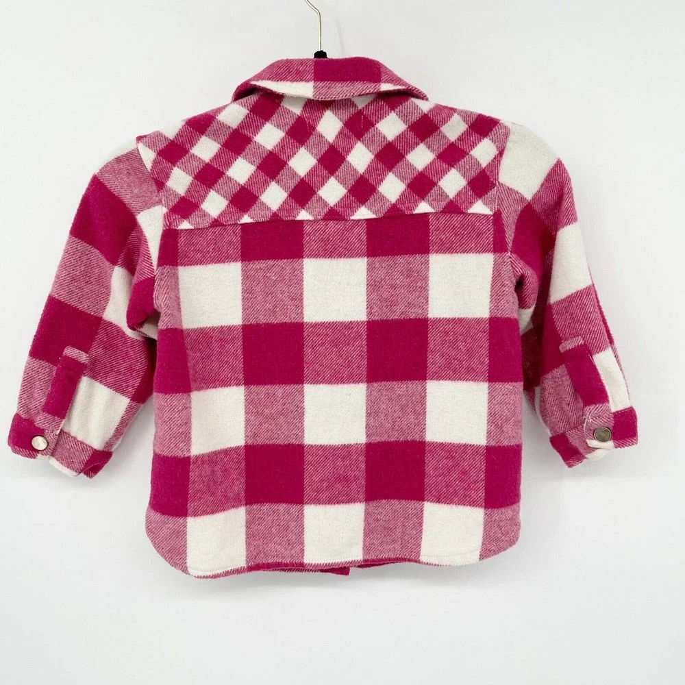 Zara Plaid Overshirt Jacket Girls 4-5 Years‎ Pink White Flannel Button Down Wool